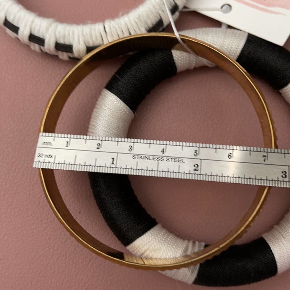 Boho Crochet and Metal Three Piece Black White Gold Bangle Bracelet Set One Size - Picture 4 of 4